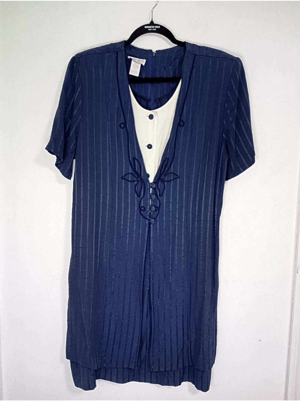 Vtg Dress Savvy New York Blue Dress Embroidered Floral Detail Womens Size 16